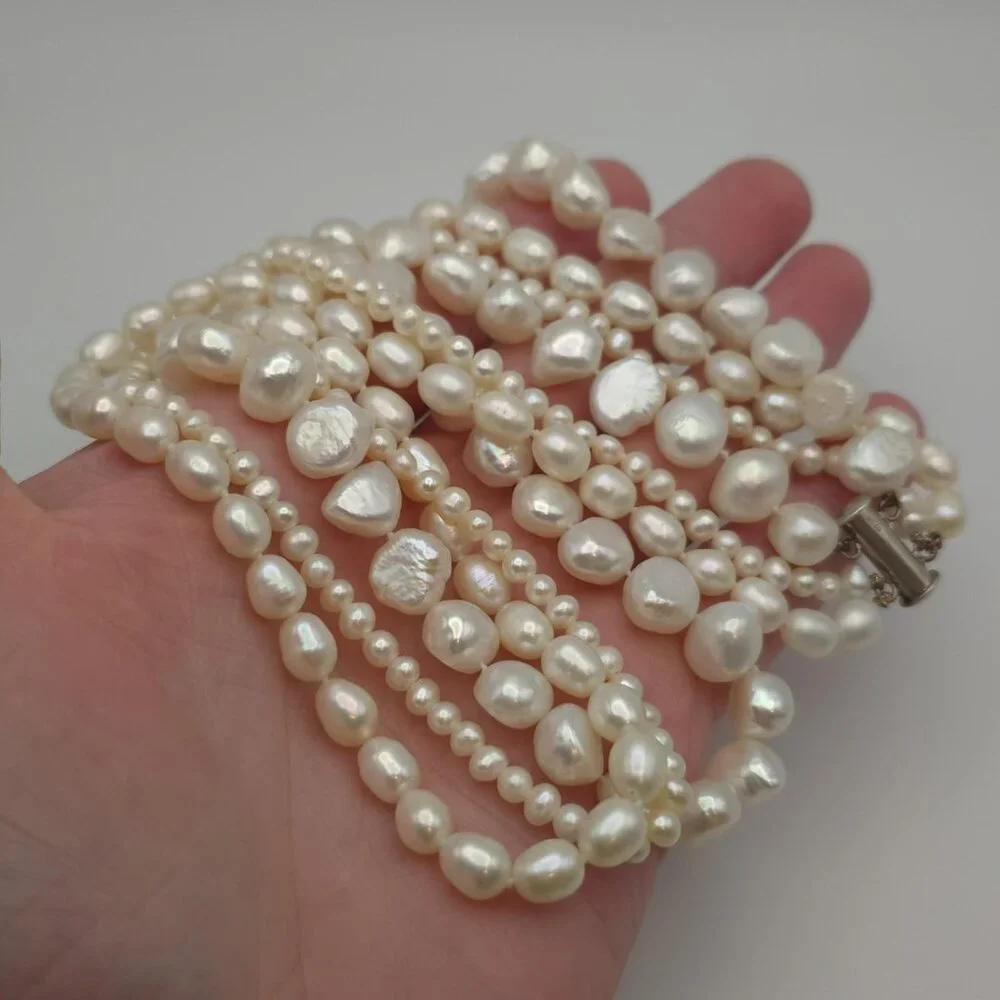 19 Inch Sterling Silver Triple Strand Genuine Pearls Necklace B212 - Picture 3 of 8